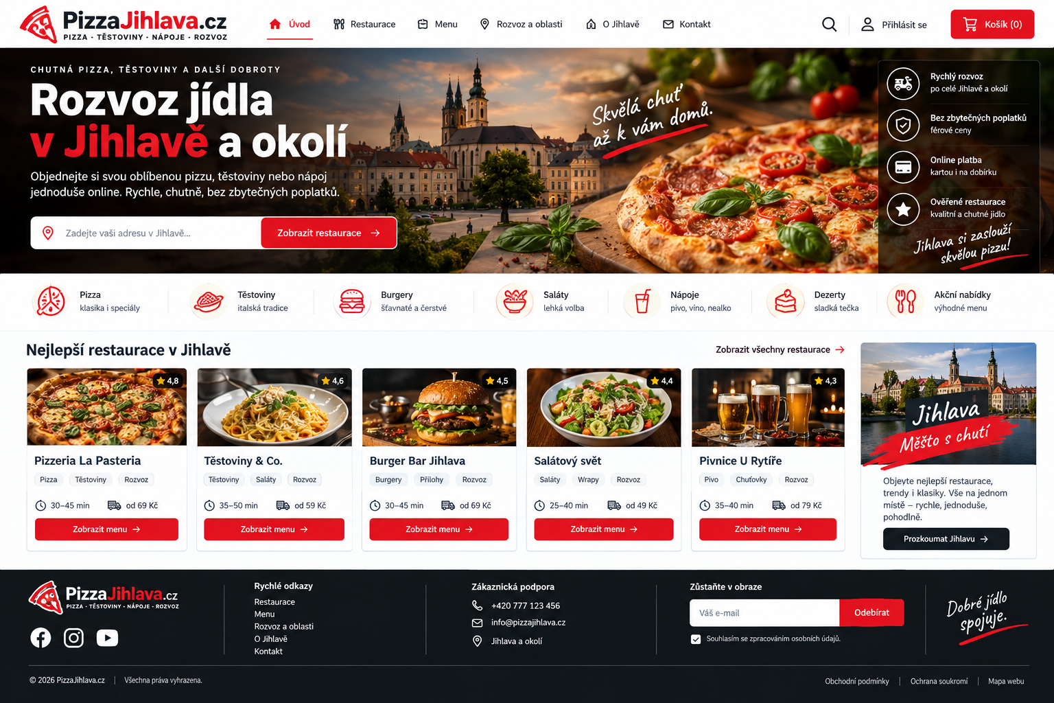 Ilustrační návrh webu s pizzou v teplých červených, zelených a krémových tónech
